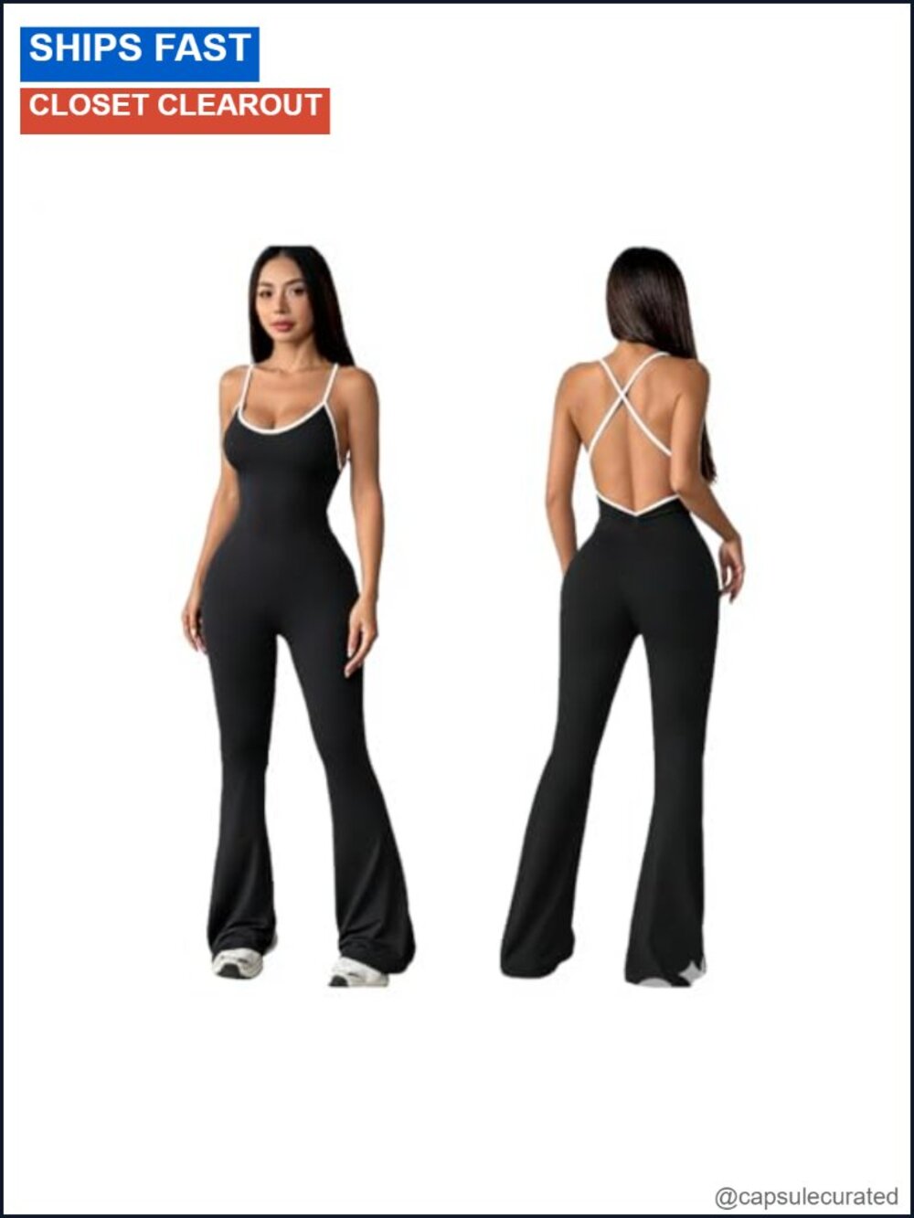 Ribbed Flare Leg Jumpsuit One Piece Backless Crisscross Bodysuit